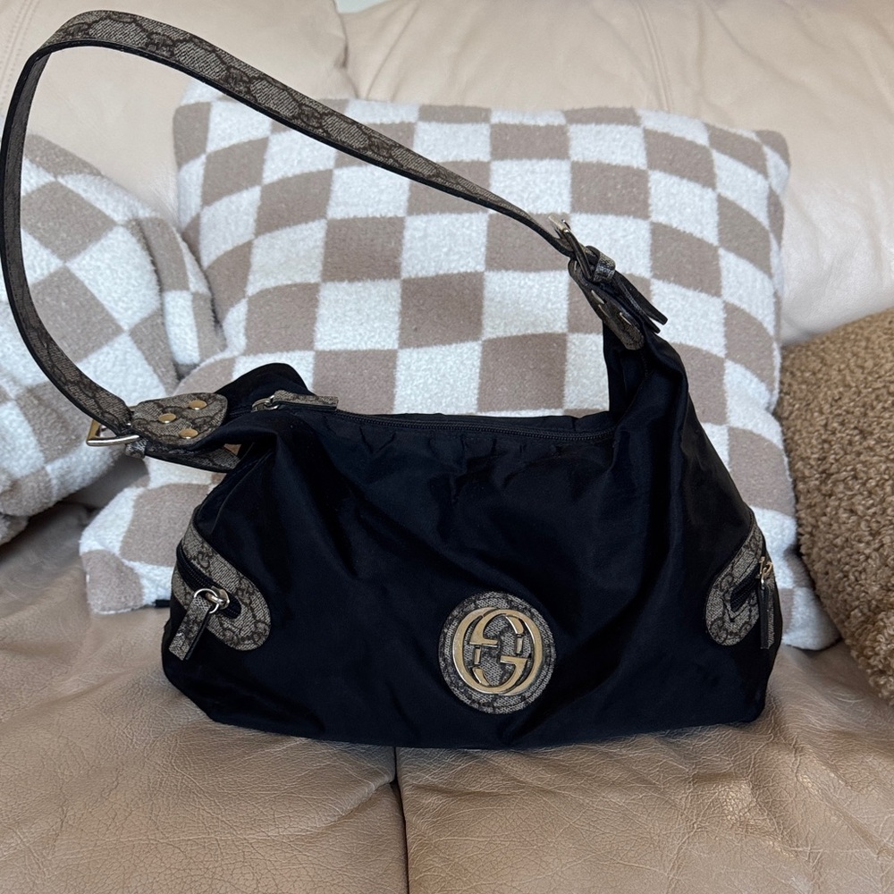 Elegant Black Nylon Shoulder Bag with silver Emblem